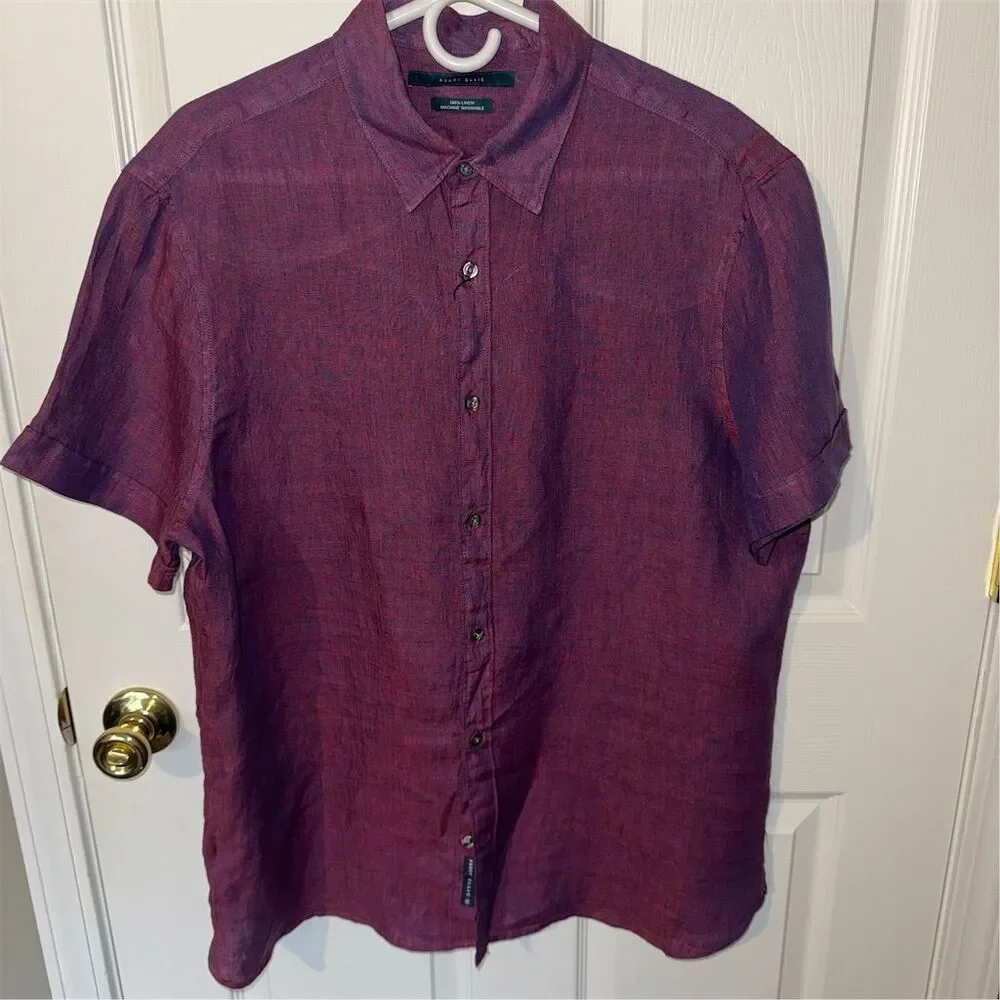 Perry Ellis Men's Untucked‎ Short Sleeve Linen Button-Up Shirt Large Office